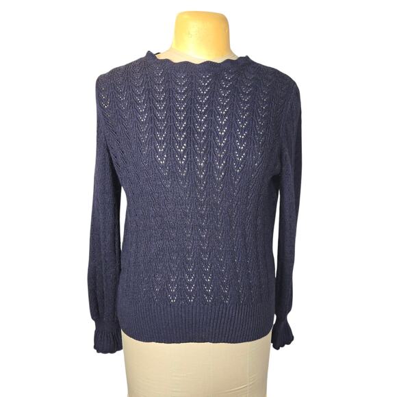 Boden Womens Medium Navy Blue Knit Sweater Scalloped Pointelle Wool Cashmere - Picture 1 of 13